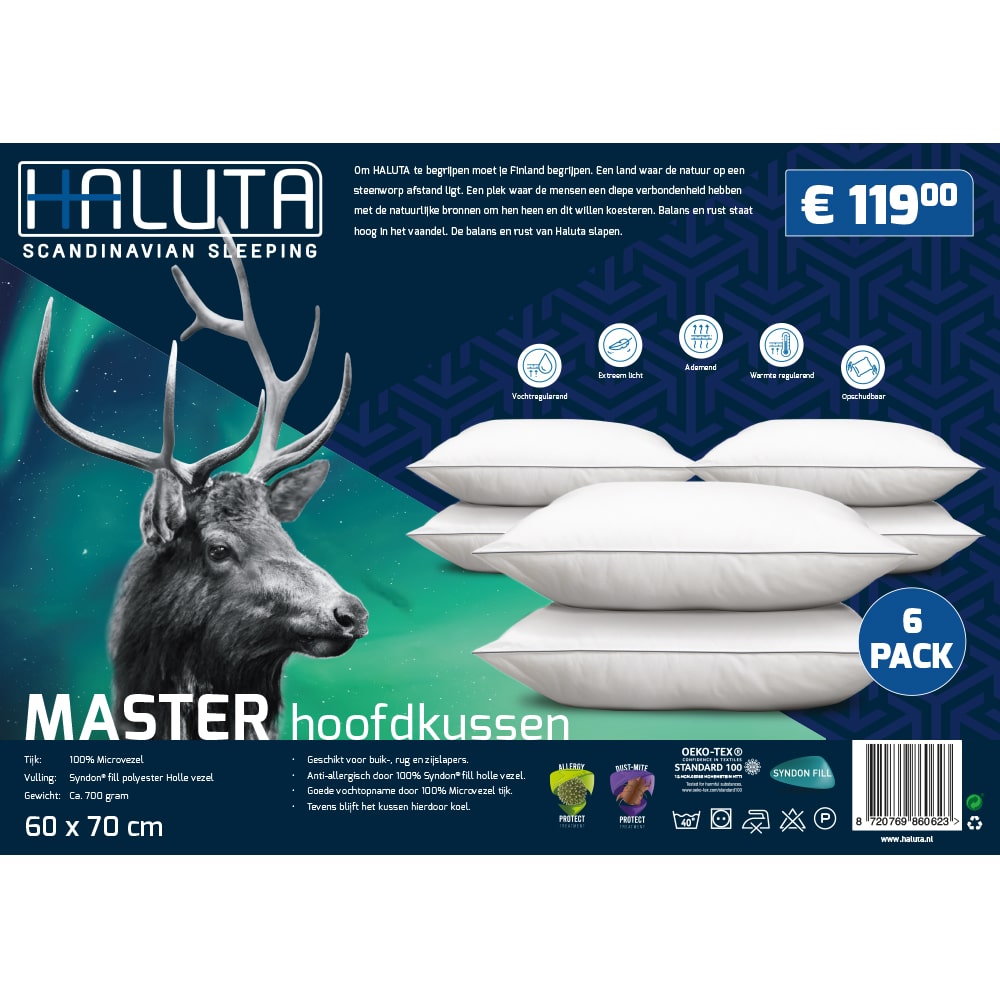 6-Pack Haluta Master - Microvezel Classic Hoofdkussen - 60 x 70 x 10 cm - Afbeelding 2
