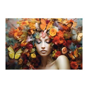 Glasschilderij - Vrouw met Vlinders - 110 x 160 cm